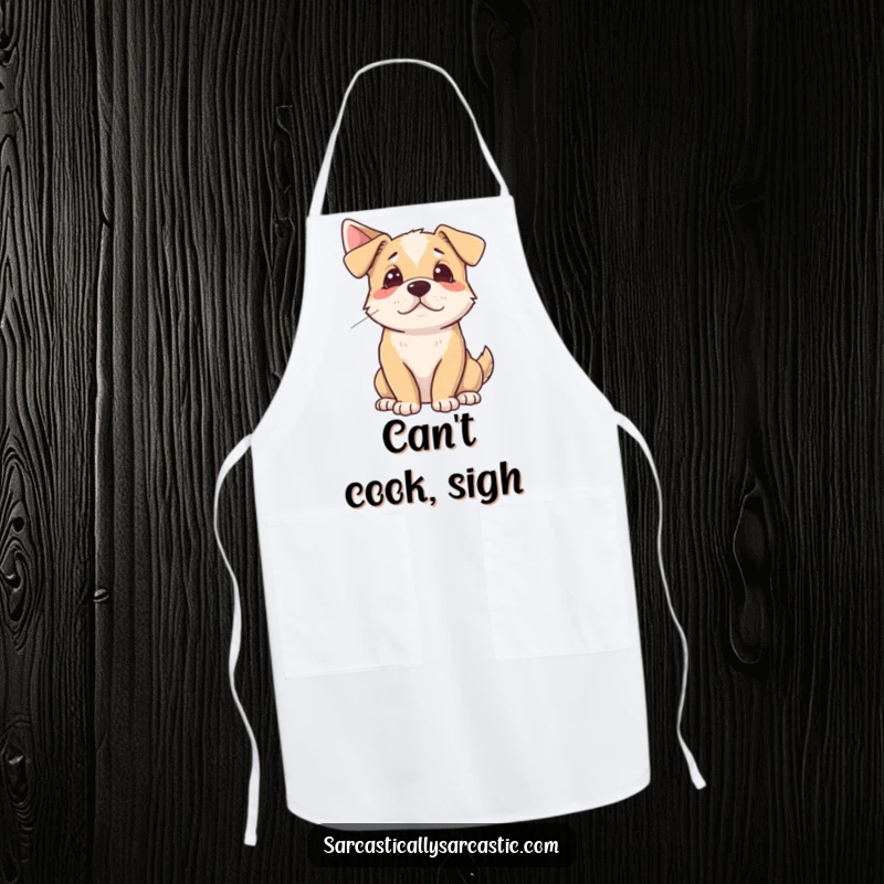 Funny Apron showing a dog dramatically sighing while looking away, ideal for a humorous and functional kitchen accessory.