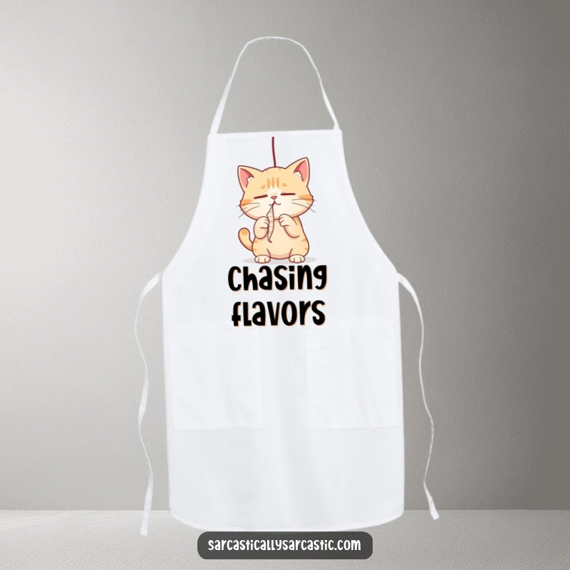 Funny cat apron with a cat intensely batting a dangling string, perfect for a playful kitchen and a funny gift.