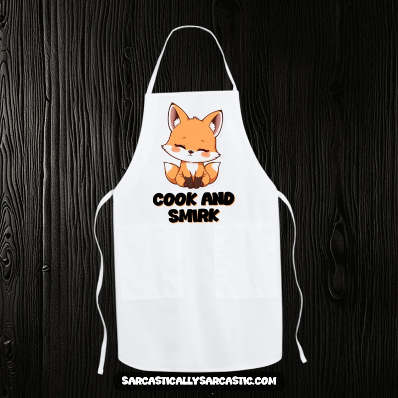 Funny kawaii fox apron designed for the kitchen, showing a cute head tilt and amusement, a great funny gift.