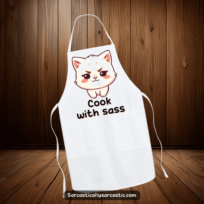 Funny kawaii cat apron showing a sassy character with a raised eyebrow and a smirk, ready to oversee kitchen creations humorously.