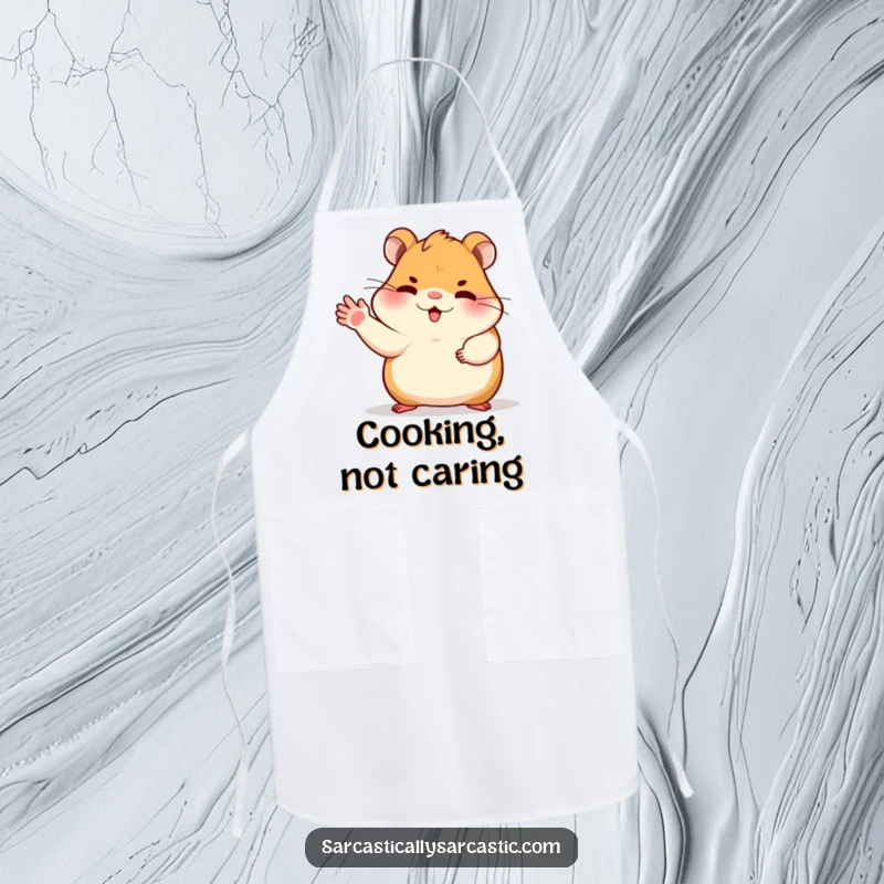 Funny dismissive hamster apron showing a sassy hamster gesturing dismissively with its paw, perfect for kitchen duties with humor.