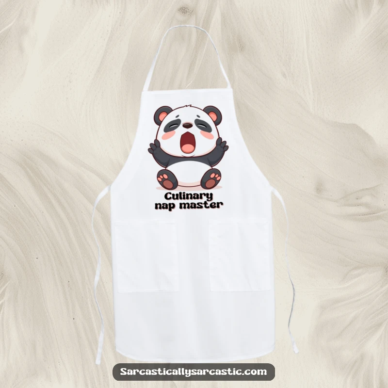 Funny panda yawning on a kitchen apron, bringing humorous relief to cooking and baking tasks with a touch of boredom.