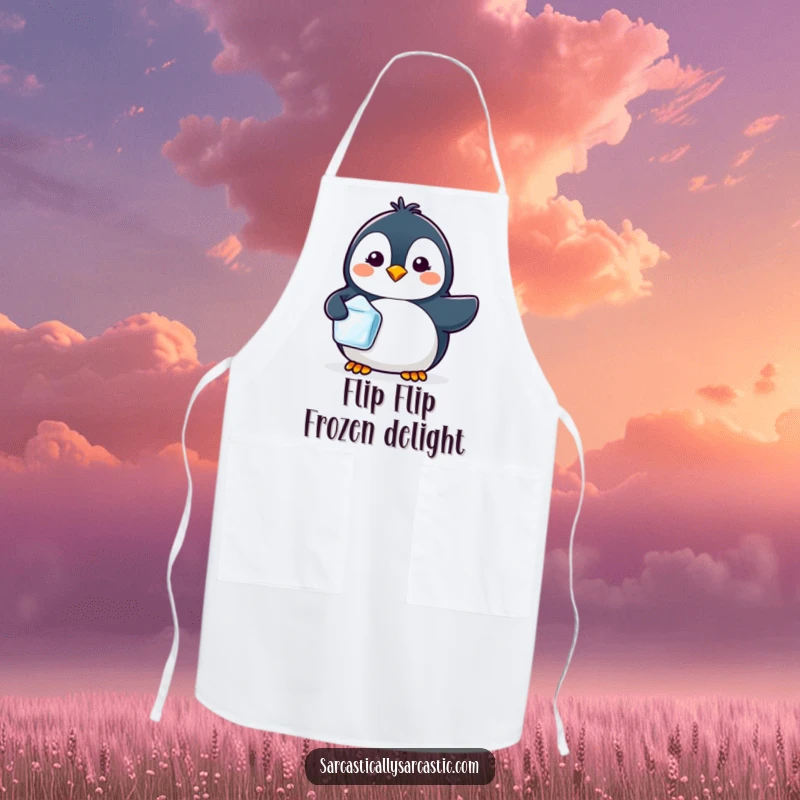 Funny apron featuring a kawaii penguin with a tiny smirk, holding a single ice cube while cooking.