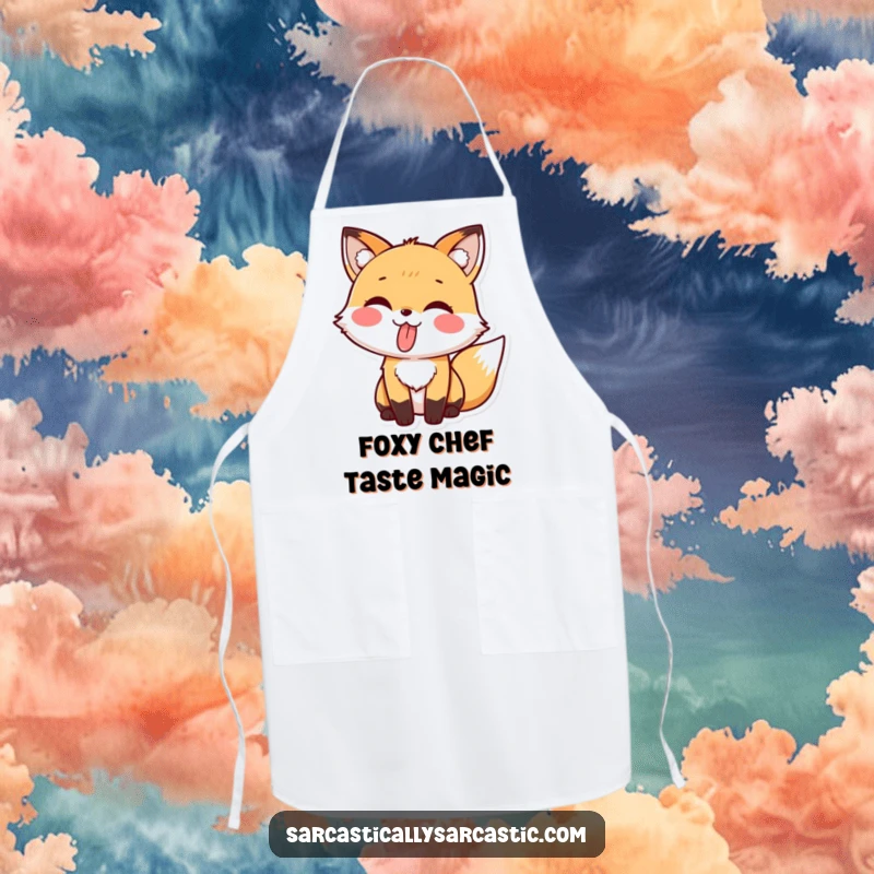 Funny apron featuring a kawaii fox playfully sticking its tongue out with a cheeky grin.