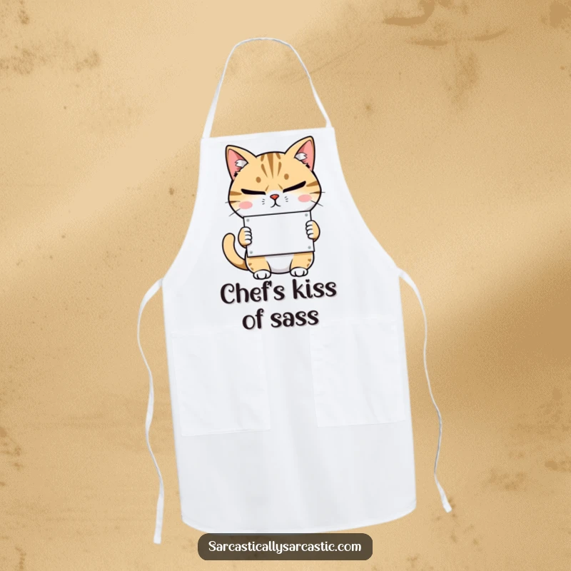 Funny kitchen apron with a sarcastic cat, narrowed eyes, smirk, and a small sign, overseeing cooking duties.