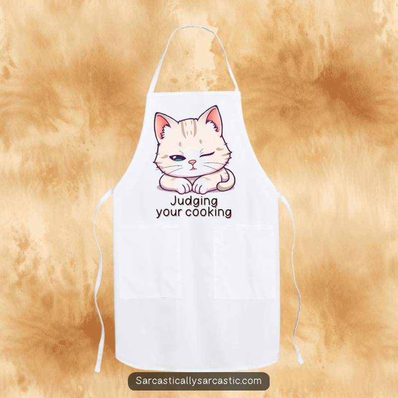 Funny Apron showing a cat pretending to sleep with one eye open, ideal for a humorous and functional kitchen accessory.
