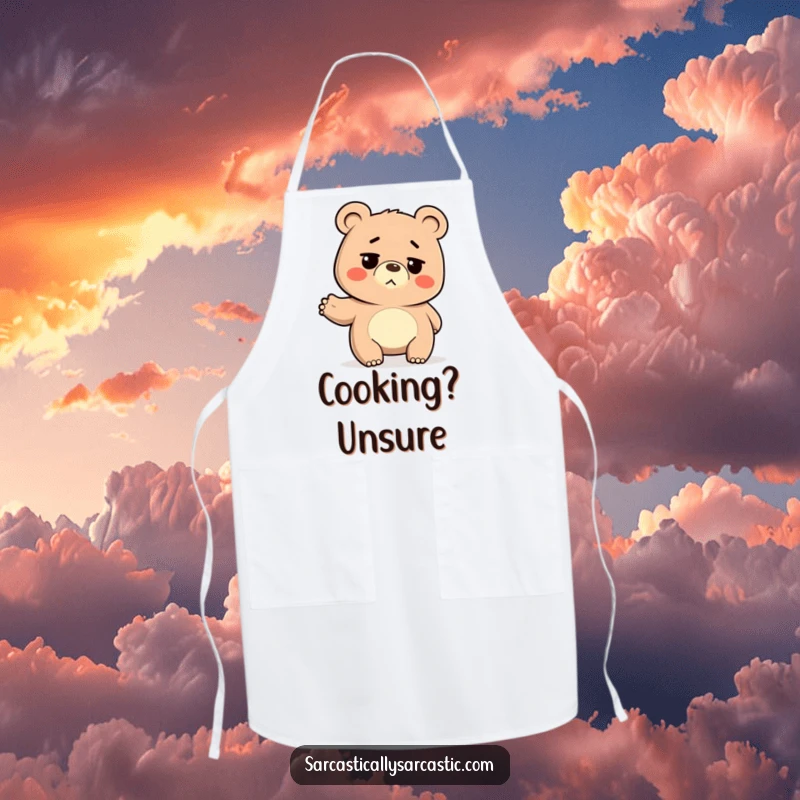 Funny Apron: Deadpan bear shrugging its shoulders, a humorous and practical accessory for the laid-back chef.