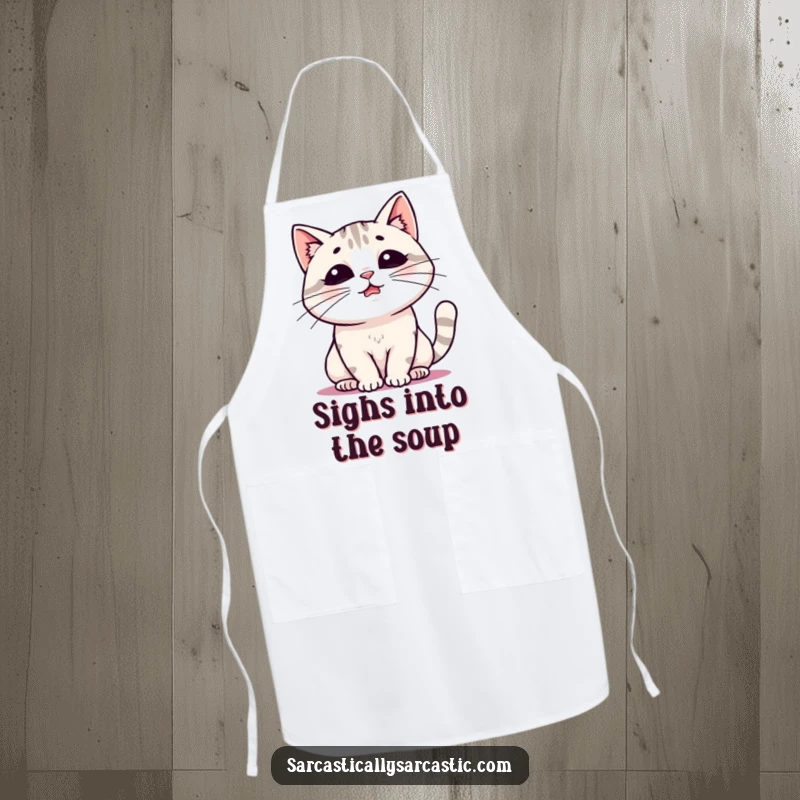 Funny apron with a kawaii cat letting out a big, exaggerated sigh, ideal for bakers and cooks who enjoy humorous kitchenware.