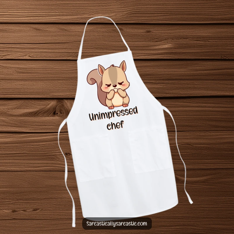 Funny kawaii squirrel apron, designed for a cute character clutching cheeks with an unimpressed expression in the kitchen.