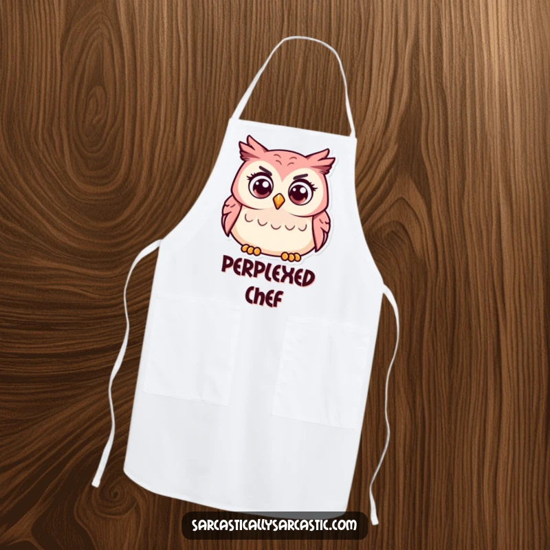 Funny apron with a curious owl character tilting its head, ideal for kitchen wisdom and humor.