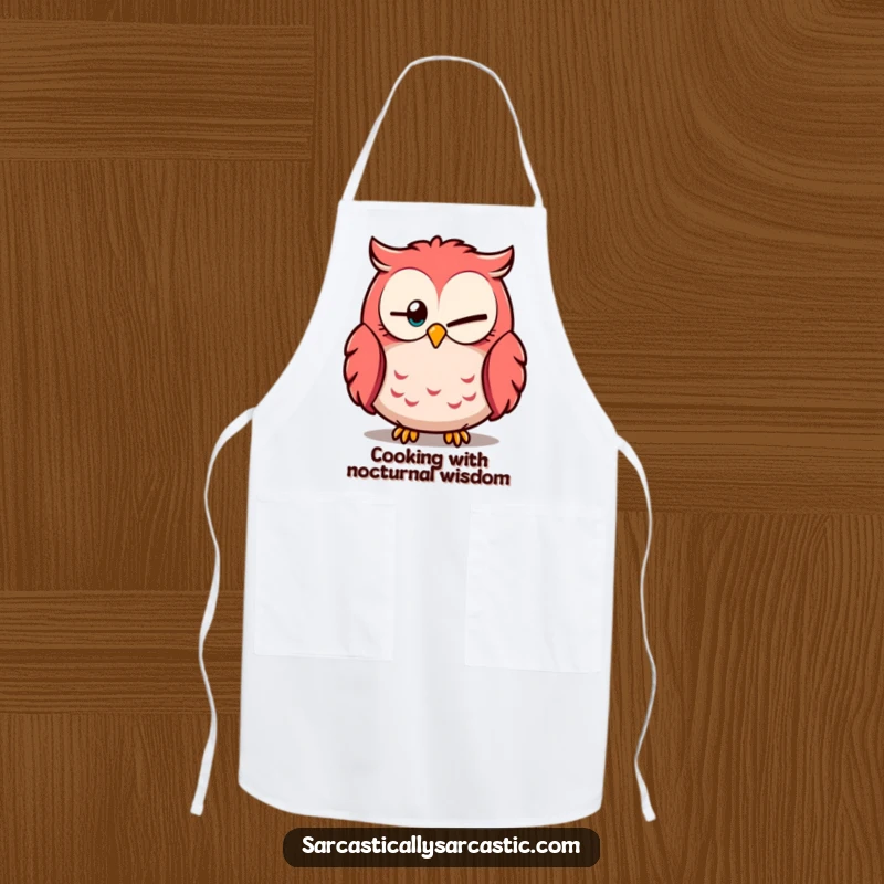 Funny owl apron with one eye partially closed, looking knowingly, perfect for kitchen wisdom.