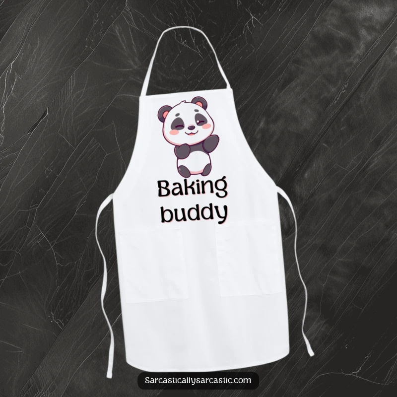 Funny panda apron showing a cheerful panda bear giving a charming, knowing wink, ready for culinary adventures.
