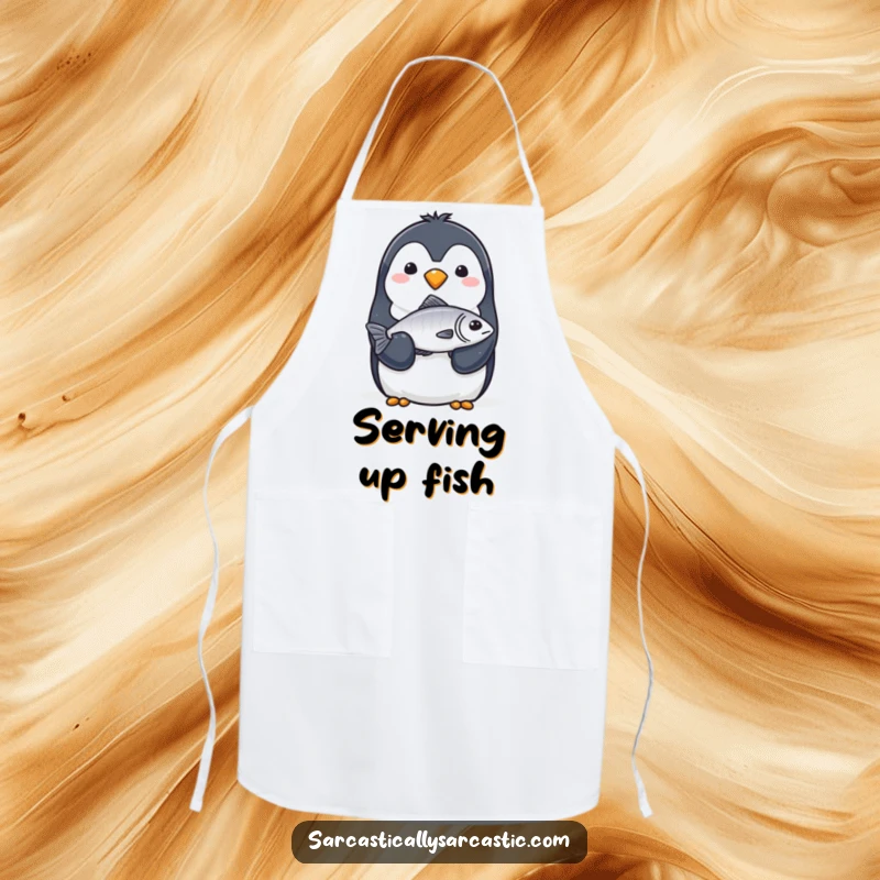 Funny Apron: A penguin with a completely straight face solemnly offers a single, slightly limp fish with its flipper.