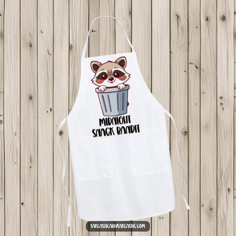 Funny raccoon apron showing a cheerful chef raccoon peeking from behind a trash can with a mischievous smirk.
