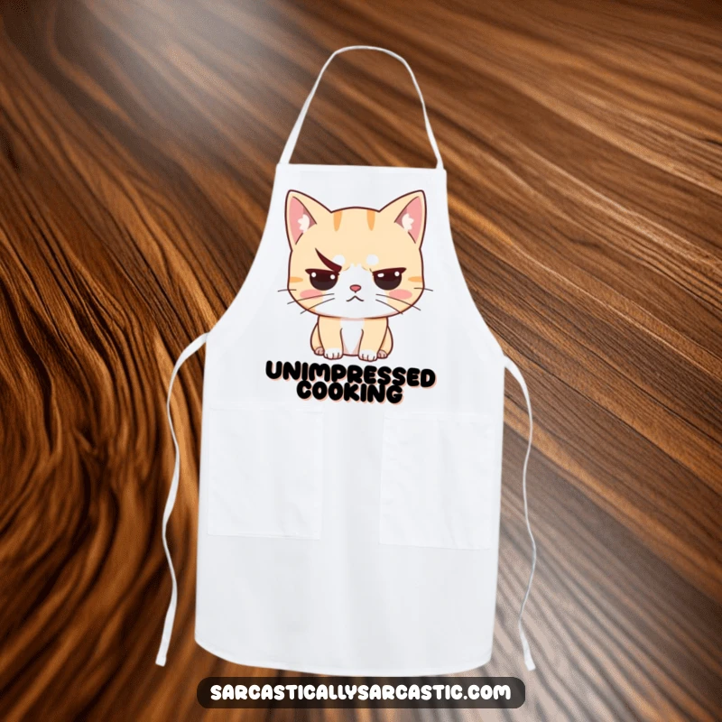 Funny unimpressed cat apron showing a judgmental feline with a raised eyebrow, adding a humorous and critical touch to kitchen duties.