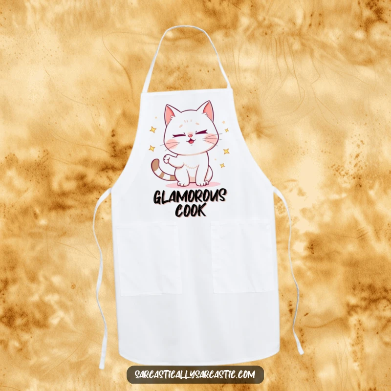 Funny apron with a mischievous cat winking and juggling sparkly objects, ideal for kitchen fun.