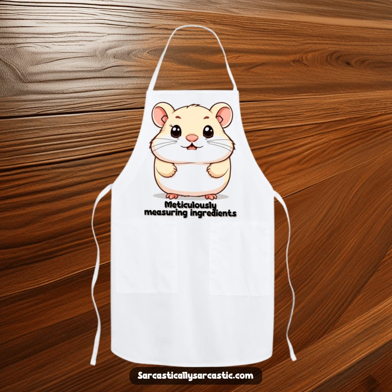 Funny apron featuring a cute hamster with a knowing smirk and observant eyes, ideal for kitchen use, adding adorable intelligence to cooking.