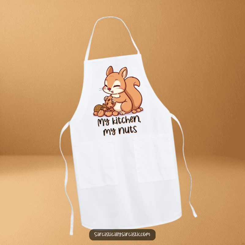 Funny squirrel apron depicting a mischievous rodent hoarding nuts, great for adding humor to cooking and baking.