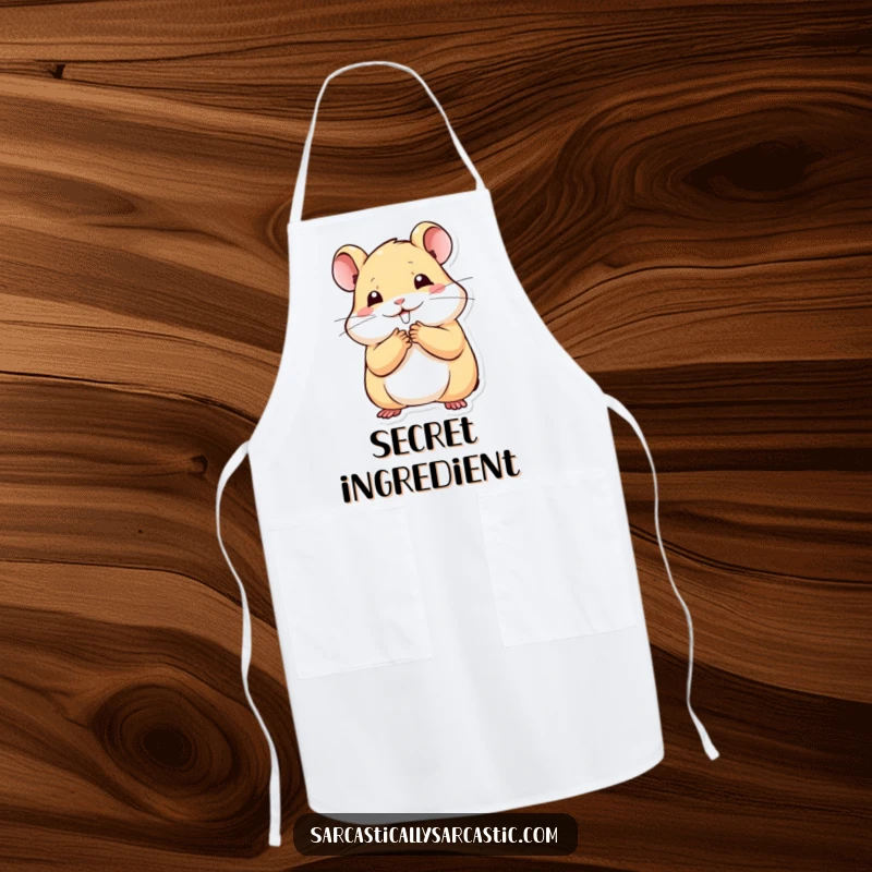 Funny kawaii hamster apron with a paw to mouth, stifling a smile, perfect for a cute kitchen and a funny gift.