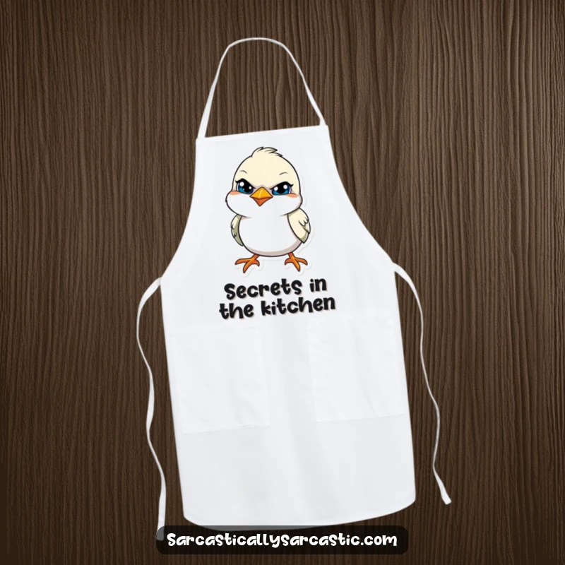 Funny apron showing a bird with a tilted head and a knowing, sly smile, perfect for the witty chef.
