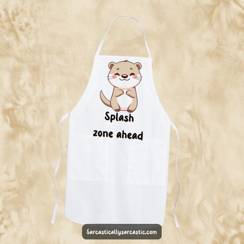 Funny otter apron showing a happy chef otter with a teasing tail flick and a smirk, ready to cook.