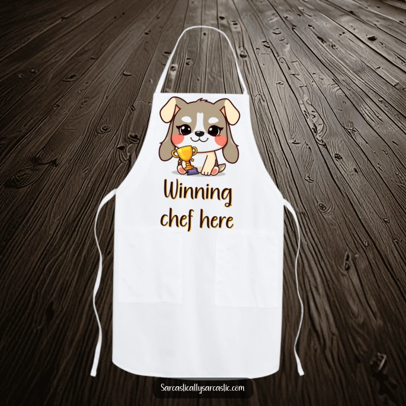 Funny smug dog trophy apron showing a grinning dog holding a tiny trophy, perfect for kitchen triumphs and humorous flair.