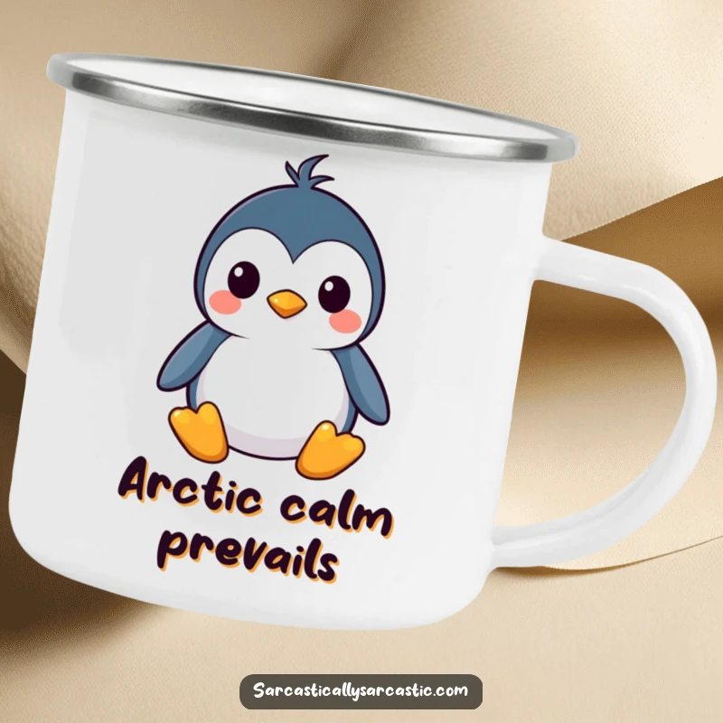 Funny kawaii penguin camping mug with a deadpan, straight face, perfect for outdoor trips, a funny gift.