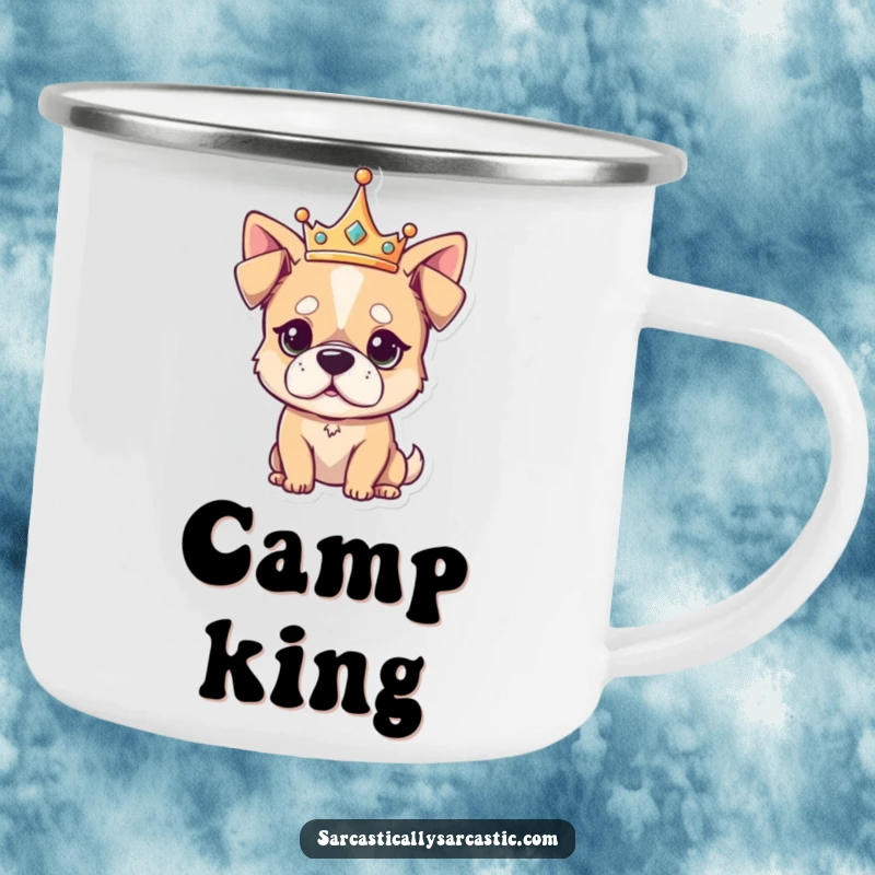 Funny Camping Mug illustrating a kawaii dog in a tiny crown looking unimpressed, perfect for enjoying drinks with regal sass.