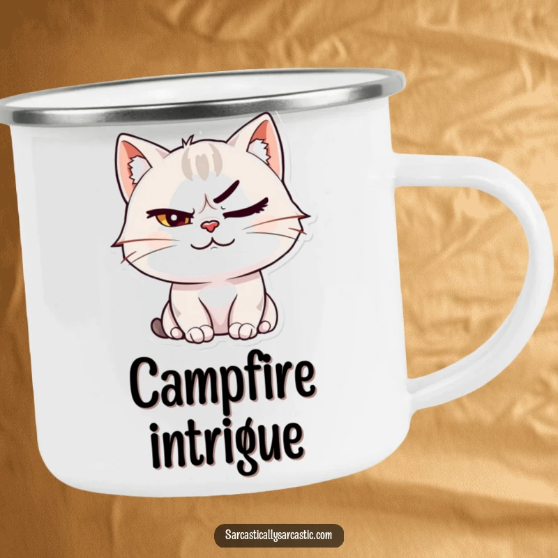 Funny cat character smirking on a durable camping mug, perfect for outdoor adventures and expressing feline confidence.