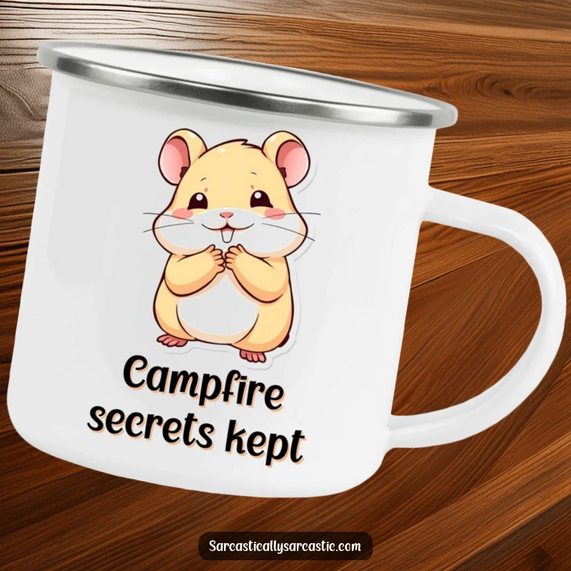 Funny kawaii hamster camping mug with a paw to mouth, stifling a smile, perfect for outdoor trips, a funny gift.