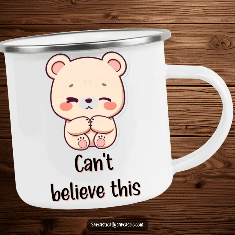 Funny eye-roll kawaii bear camping mug, character with crossed paws and a subtle eye-roll, durable for outdoor use.
