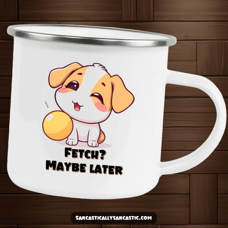Funny camping mug showing a dog's playful eye-roll at a falling ball, perfect for outdoor use and sharing humorous dog moments.