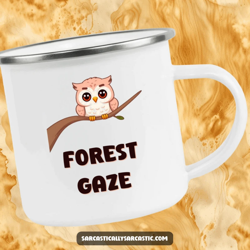 Funny owl camping mug with a durable design and a curious owl peeking from behind a branch, looking watchful.
