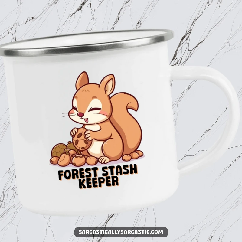 Funny squirrel camping mug showing a mischievous rodent hoarding nuts, perfect for outdoor adventures and keeping your drink safe.