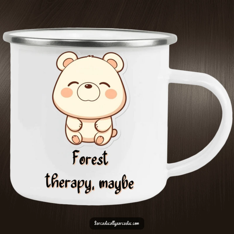 Funny camping mug with a bear giving a subtle eye-roll and a slight smirk, ready for outdoor fun.