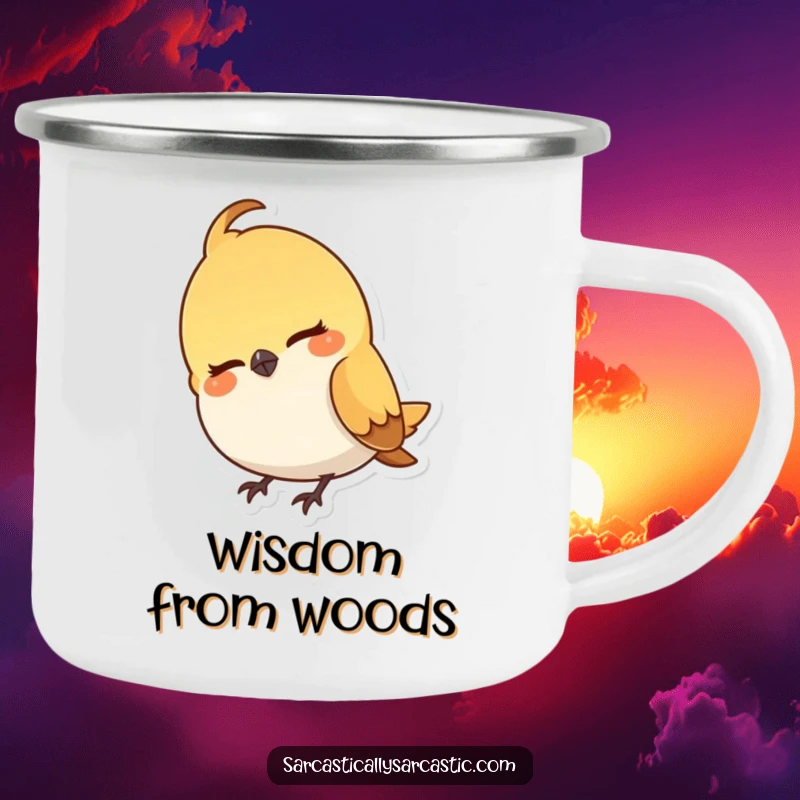Funny camping mug showcasing a small bird character cocking its head and a subtle, knowing, mischievous smirk, ideal for outdoors.
