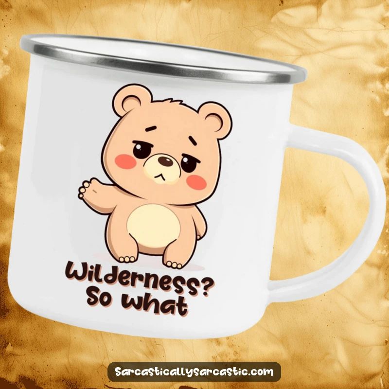 Funny Camping Mug: Durable mug with a deadpan bear shrugging, perfect for humorous and chill outdoor experiences.