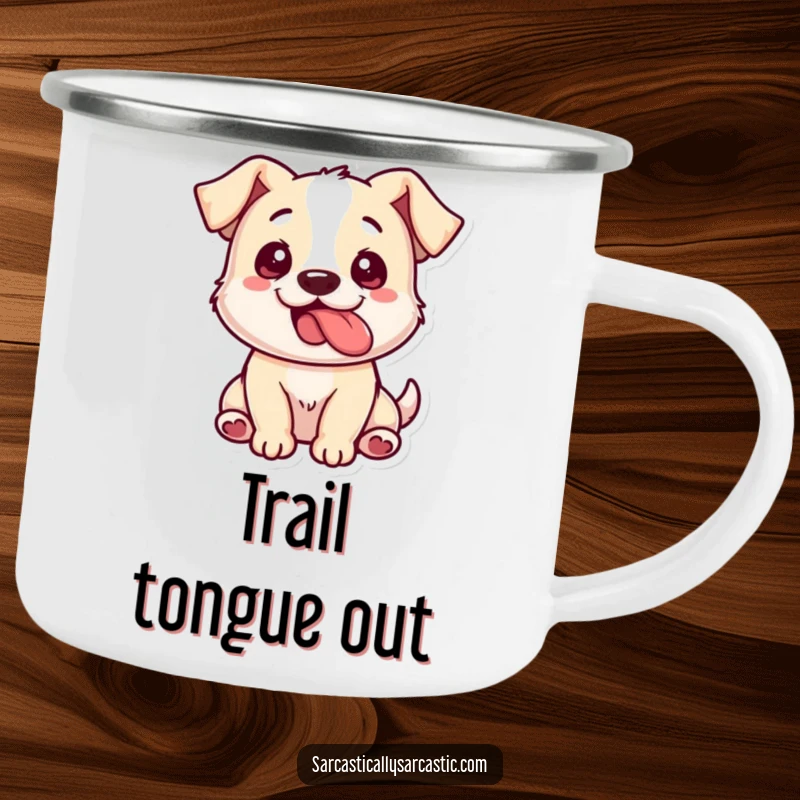 Funny Dog Camping Mug: A dog playfully sticks its tongue out from the side, ready for outdoor fun.