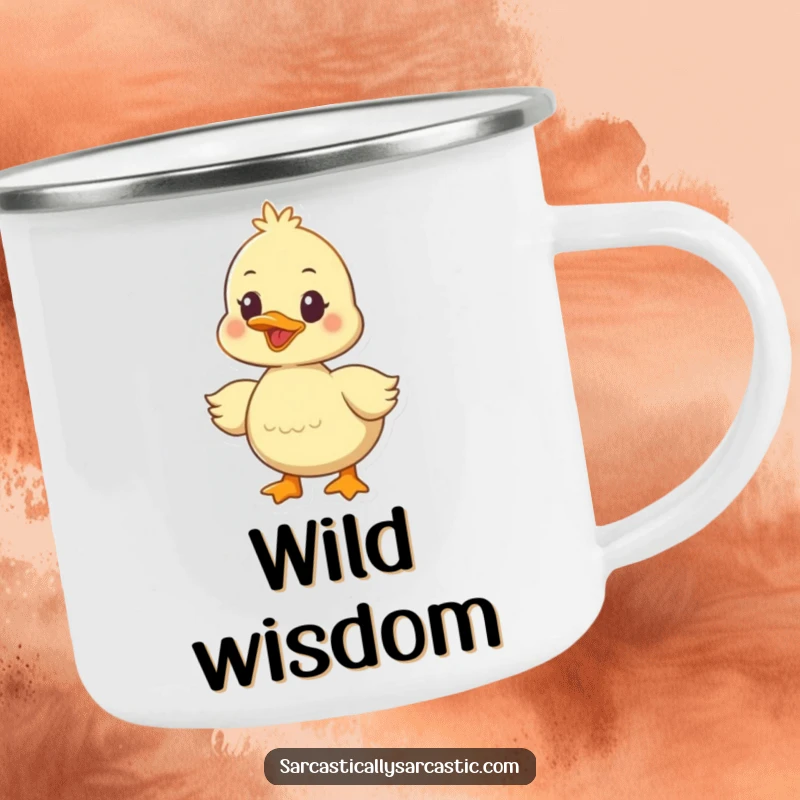 Funny duckling camping mug featuring a durable design and a happy, quacking bird with a knowing, adventurous look.