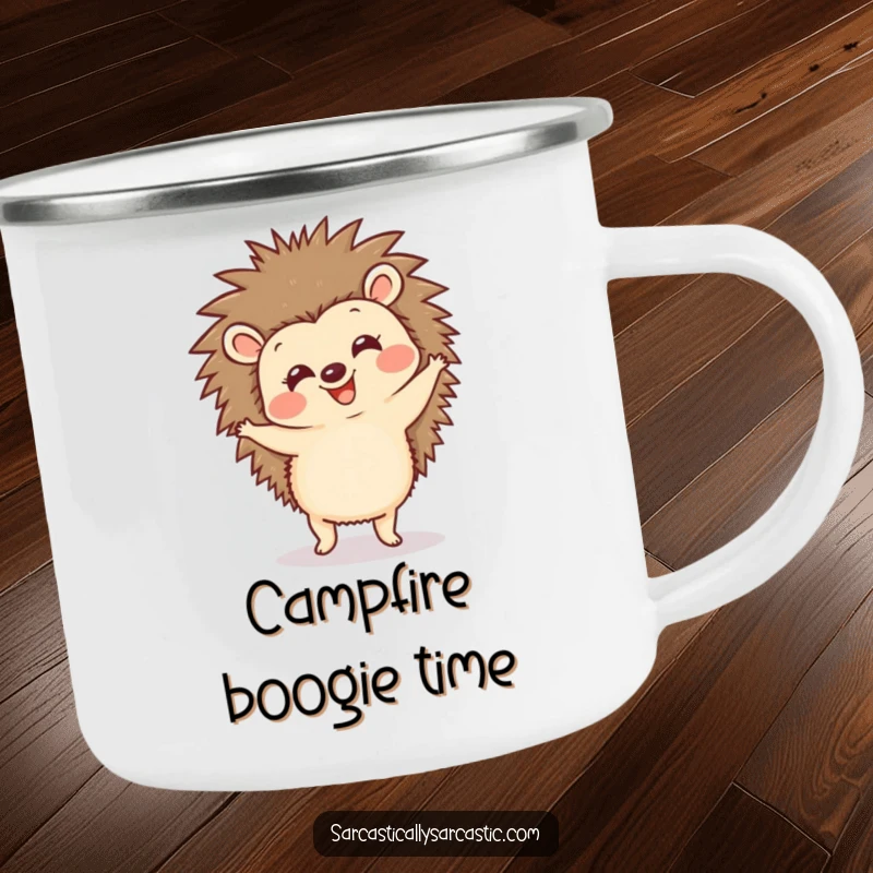 Funny hedgehog camping mug showing a happy, spiky creature doing a comical dance, perfect for outdoor adventures and cheerful refreshment.
