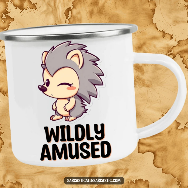 Funny camping mug with a hedgehog character looking sideways with a smirk, perfect for enjoying the outdoors with a hint of mischief.