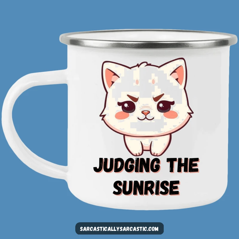Funny Kawaii Cat Camping Mug: Sassy Eyebrow Smirk, Durable Outdoor Funny Gift