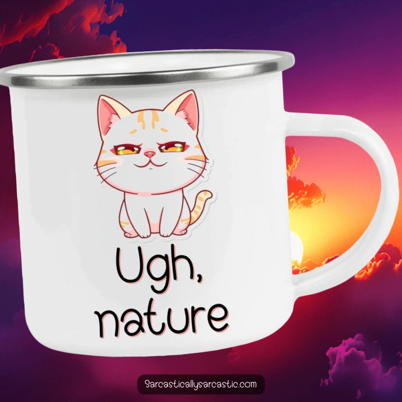 Funny Kawaii Cat Rolling Eyes Camping Mug, an enamel cup featuring a cute cat character with an exaggerated eye-roll, ready for any adventure.
