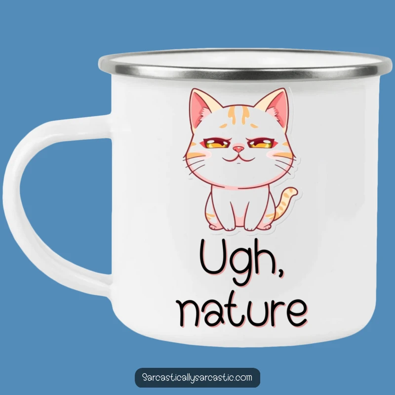 Funny Kawaii Cat Rolling Eyes Camping Mug - Exaggerated Expression Enamel Cup, Humor Gift