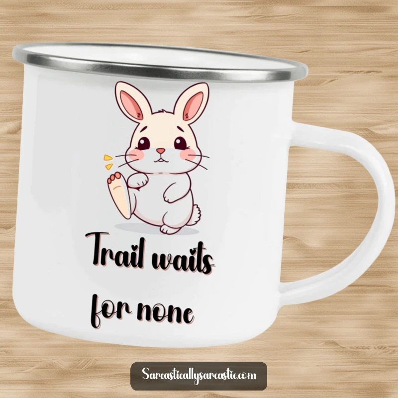 Funny Kawaii Rabbit Camping Mug: A cute bunny taps its foot impatiently, perfect for funny outdoor beverage enjoyment.
