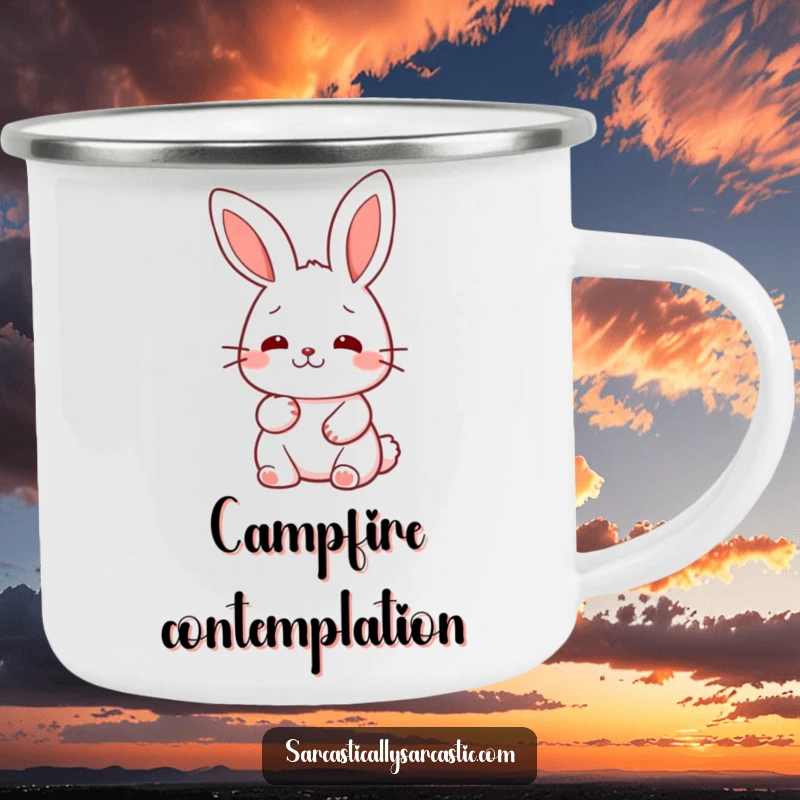 Funny kawaii rabbit camping mug, showing a character giving a slow, deliberate nod, ready for the outdoors.