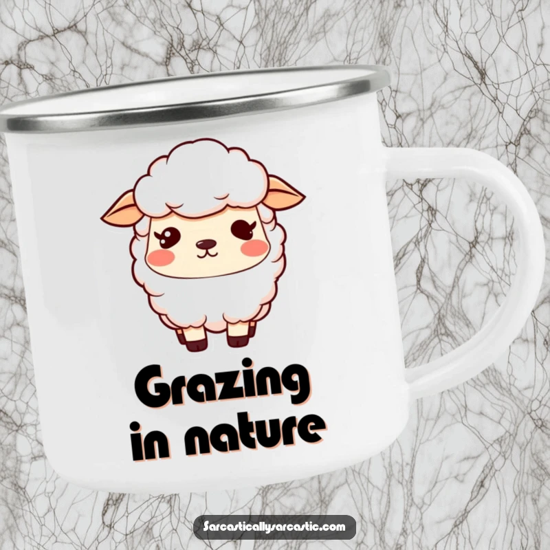 Funny kawaii sheep camping mug with a vacant stare and a slight smirk, perfect for outdoor trips, a funny gift.
