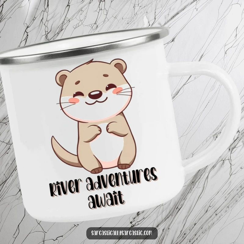 Funny otter camping mug showcasing a happy otter with a teasing tail flick and a smirk, ideal for outdoor enthusiasts.