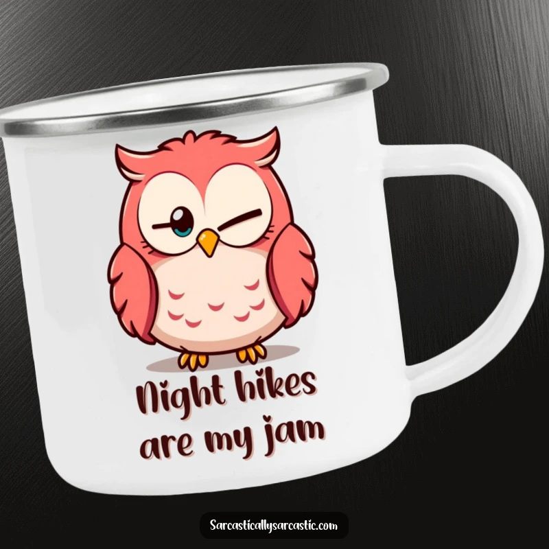 Funny camping mug with an owl giving a knowing glance, one eye closed, ready for observation.