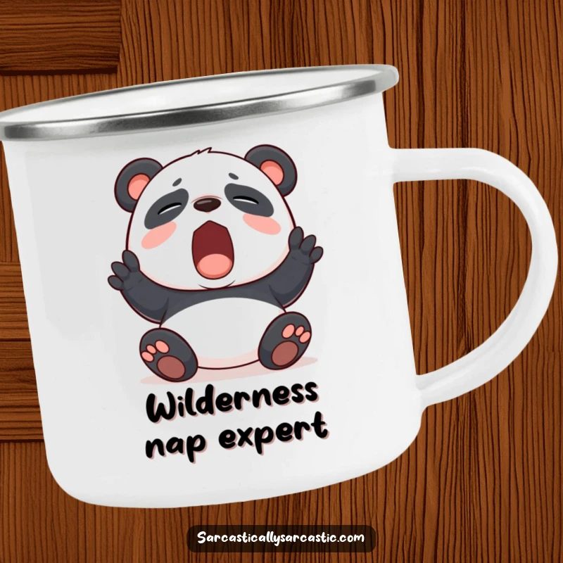 Funny panda yawning on a rugged camping mug, perfect for outdoor adventures and expressing humorous exhaustion.